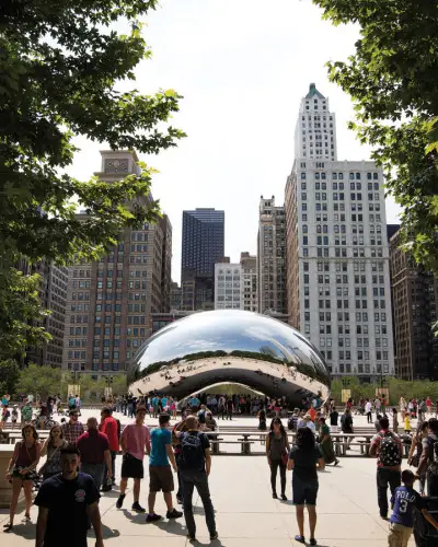 Una folla intorno alla scultura Cloud Gate 