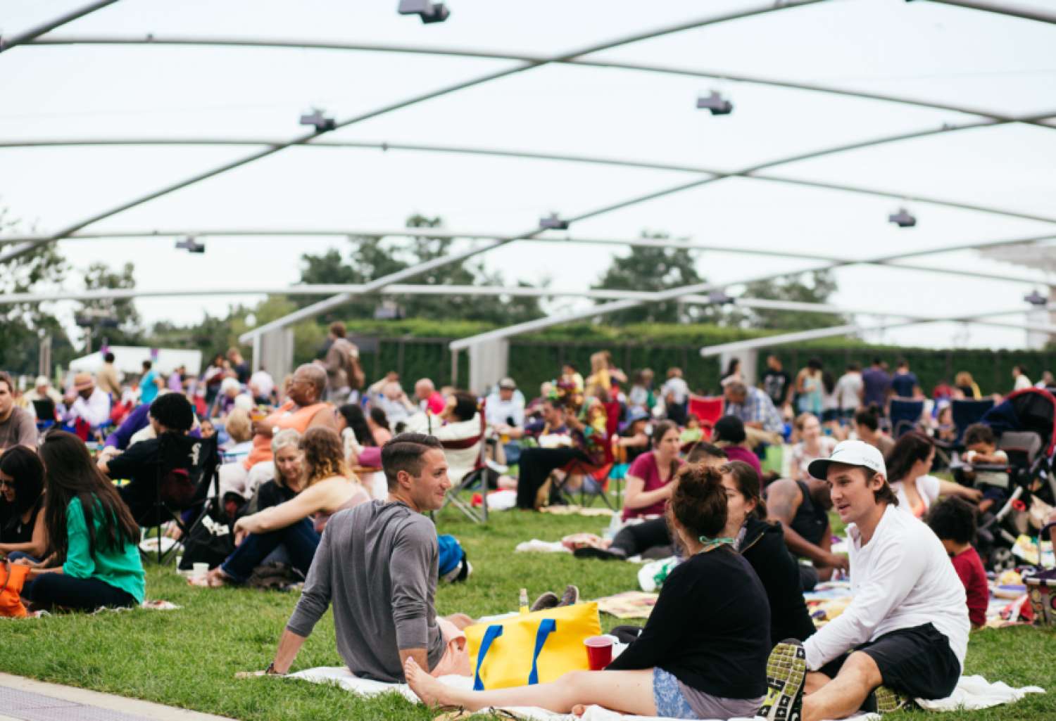 Un folto pubblico seduto sull'erba all'esterno del Pritzker Pavillion