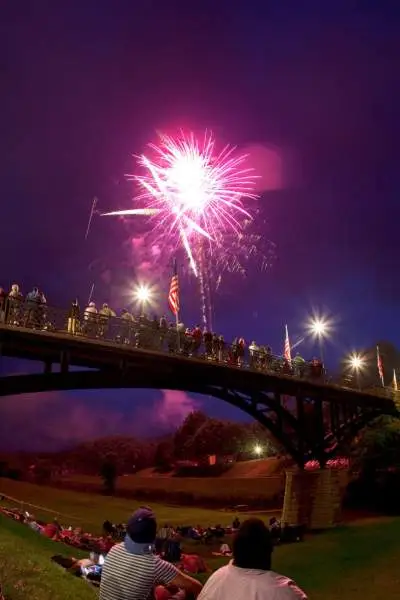 Persone sedute in un parco accanto a un ponte, che guardano i fuochi d'artificio nel cielo