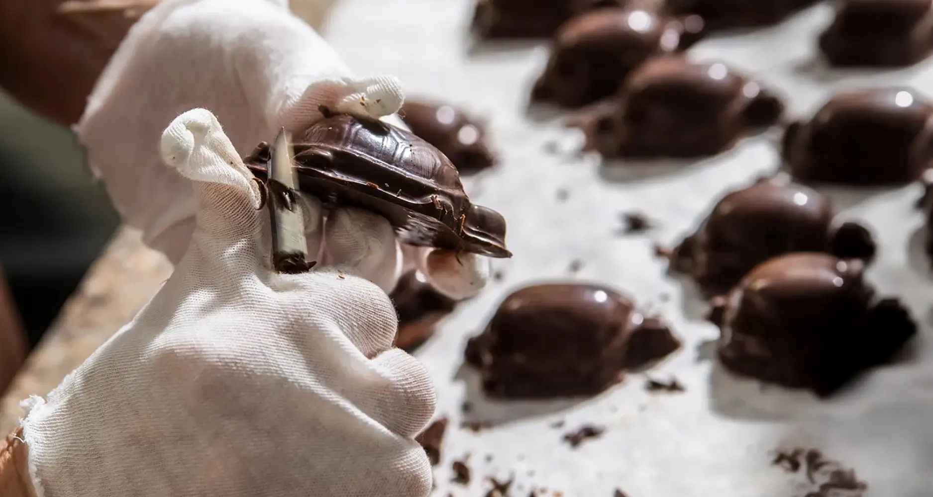 Tartarughe di cioccolato in fase di rifinitura