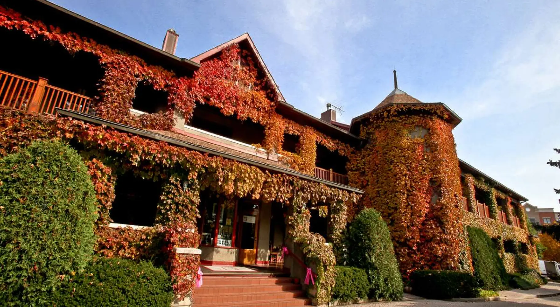 L'esterno dell'edificio ricoperto di foglie arancioni durante l'autunno