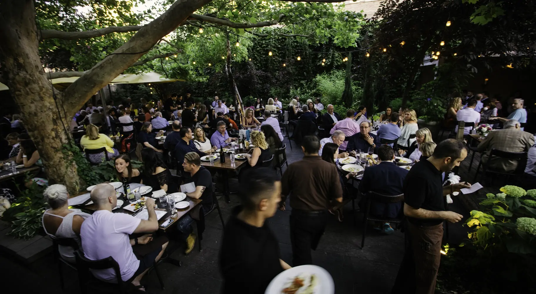 Un'affollata area pranzo all'aperto al tramonto, con tavoli tra gli alberi