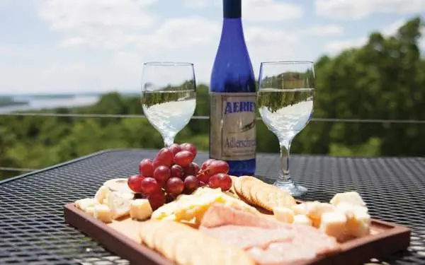 Un bel piatto di vini e formaggi da Aeries Vineyard nell'Illinois.