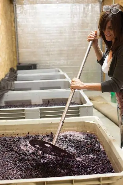 Una donna che mescola l'uva in un grande contenitore per fare il vino.