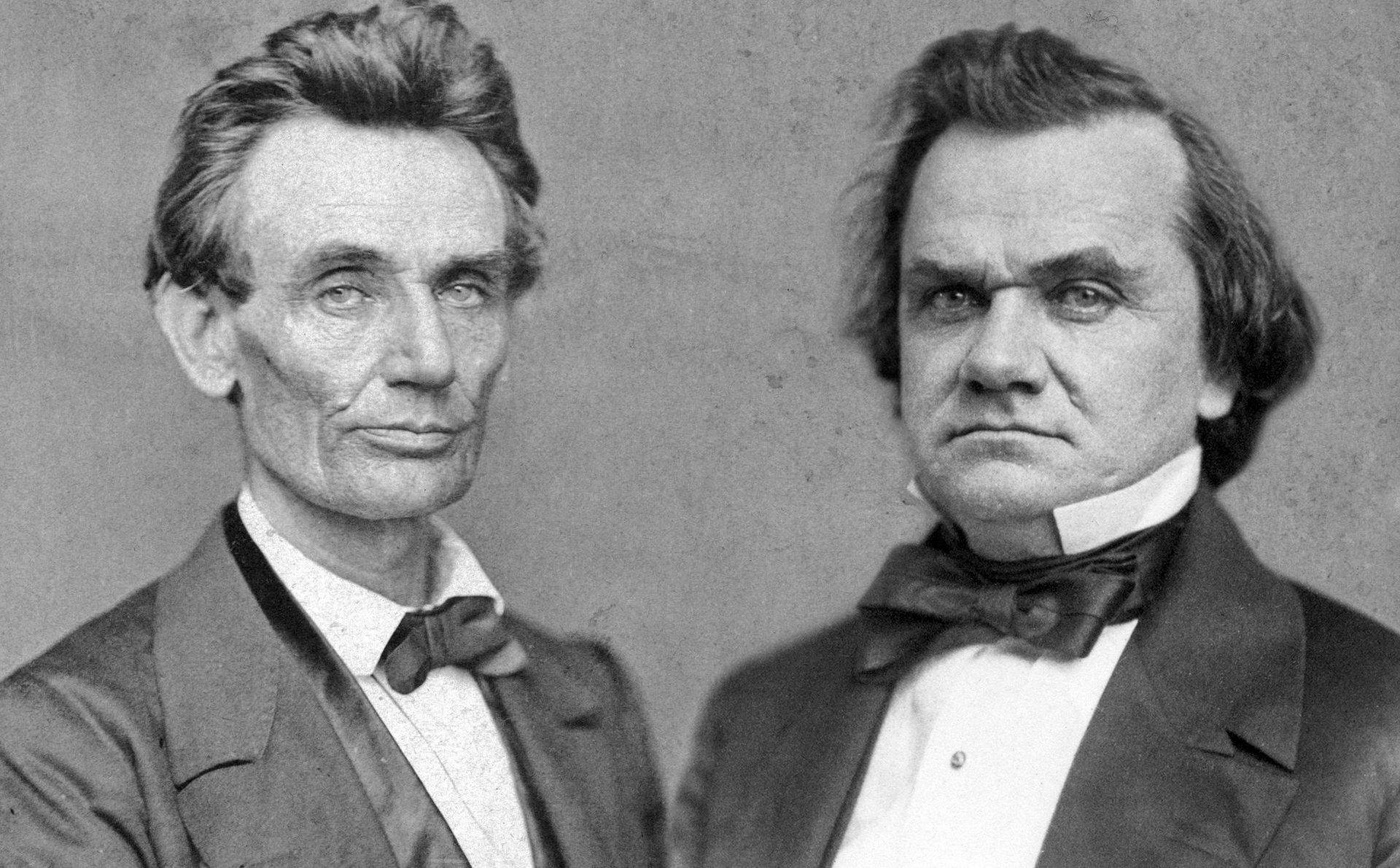 Ritratti storici in bianco e nero di Abraham Lincoln e Stephen Douglas, durante la loro corsa al Senato nel 1858