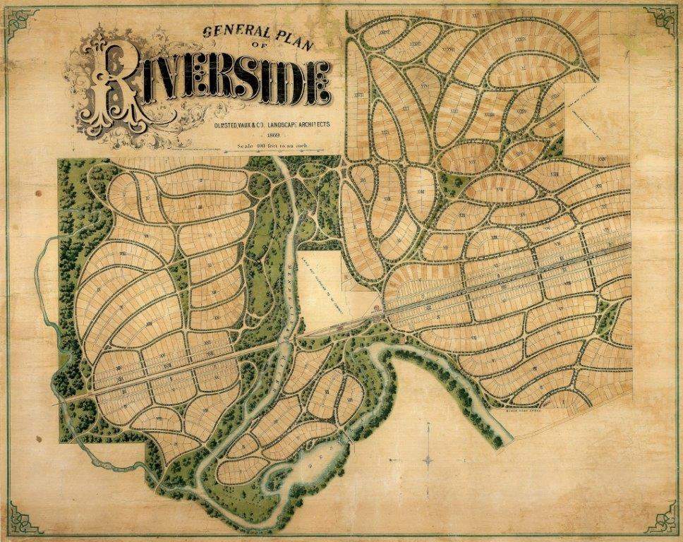 Una pianta della città del XIX secolo con il titolo "Piano generale di Riverside".