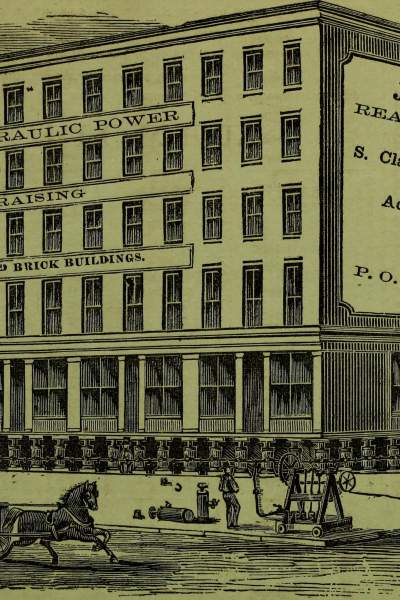 Illustrazione del 1800 di un edificio sollevato da martinetti idraulici a Chicago. Immagine di pubblico dominio da Wikimedia Commons: https://commons.wikimedia.org/wiki/File:Illinois_state_business_directory_-_1860_(1860)_(14761103841).jpg
