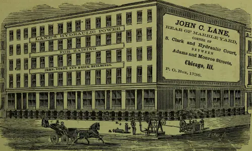 Illustrazione del 1800 di un edificio sollevato da martinetti idraulici a Chicago. Immagine di pubblico dominio da Wikimedia Commons: https://commons.wikimedia.org/wiki/File:Illinois_state_business_directory_-_1860_(1860)_(14761103841).jpg