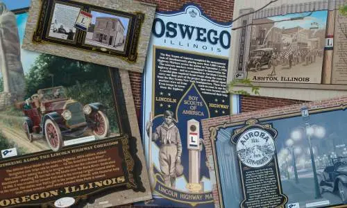 Un collage di murales interpretativi lungo la Lincoln Highway nell'Illinois