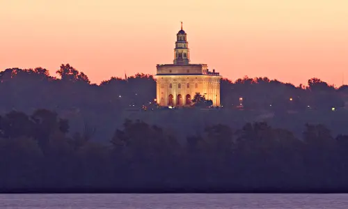 Un tempio con le luci accese dietro gli alberi e un fiume