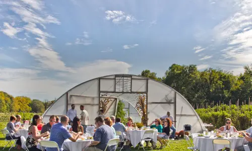 Persone all'aperto con una grande tenda