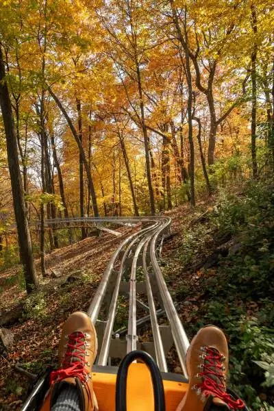 Vista dei piedi e dell'ottovolante mentre una persona sale sull'Alpine Coaster attraverso il fogliame autunnale all'Aerie's Resort Grafton