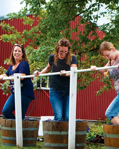 Le donne pigiano l'uva alla Galena Cellars