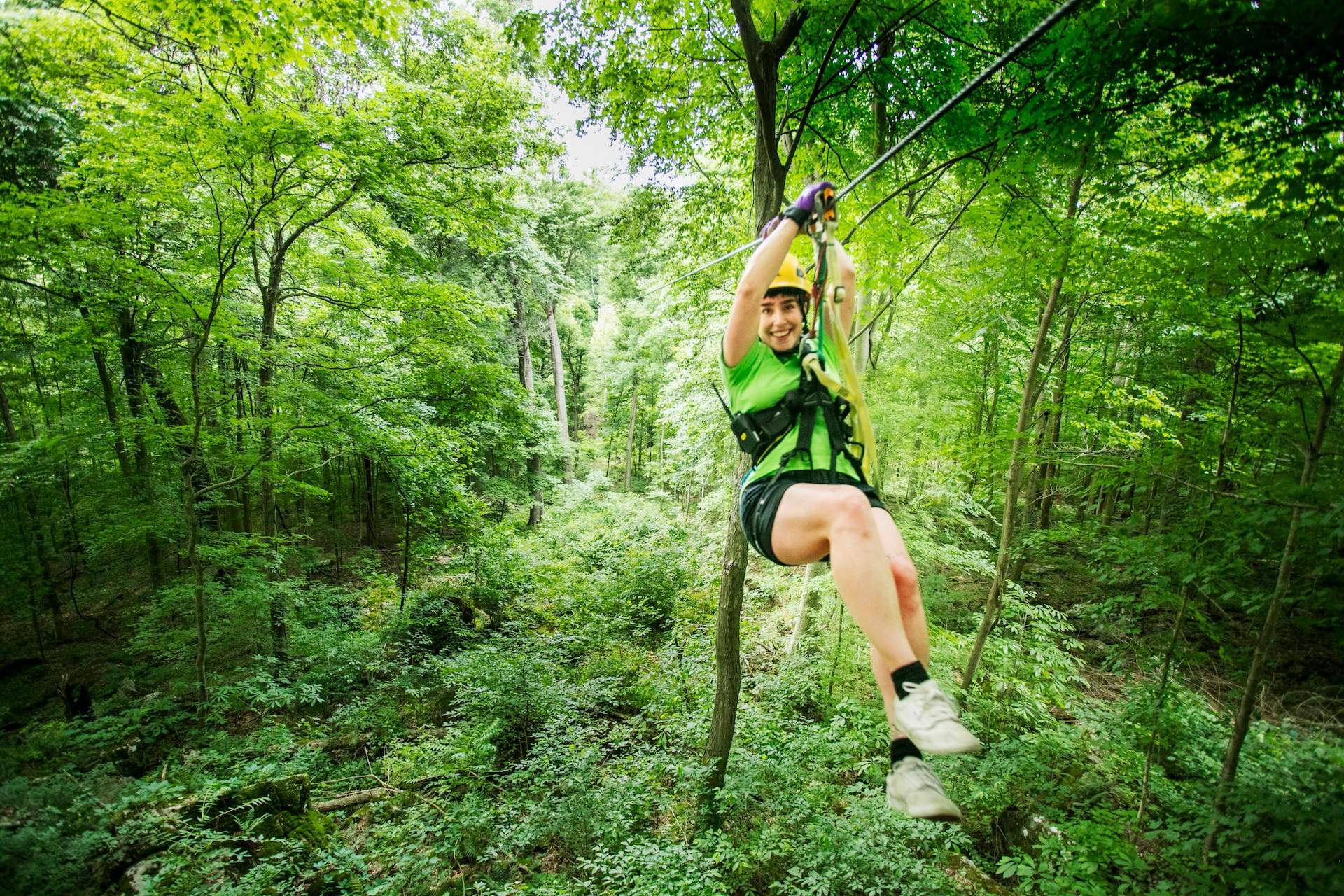 Una donna che scivola lungo un filo da una volpe volante tra gli alberi