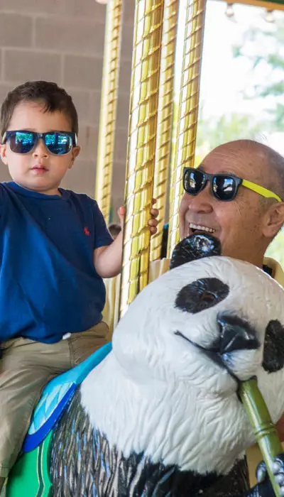 Un bambino e i suoi nonni sulla giostra dello zoo di Brookfield.