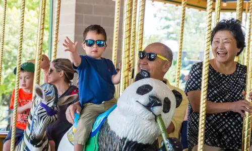 Un bambino e i suoi nonni sulla giostra al Brookfield Zoo.
