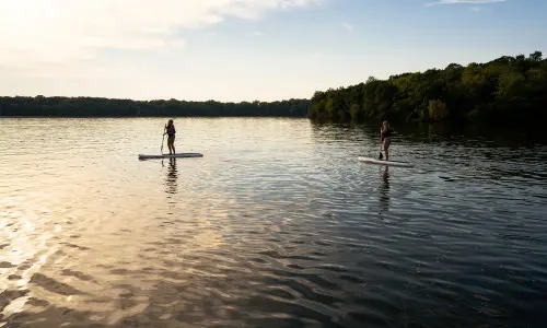 Due persone che fanno paddleboarding su un lago