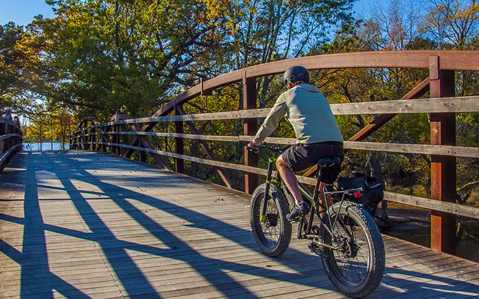 Persona in bicicletta sul ponte dell'Independence Grove Forest Preserve 