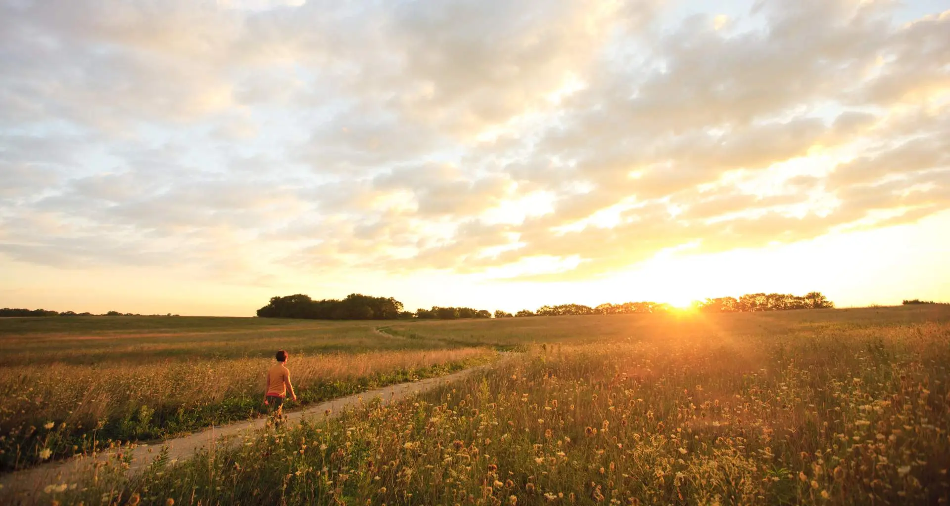 Persona che fa un'escursione nella Midewin National Tallgrass Prairie al tramonto 