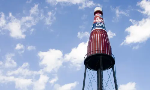 La gigantesca Brooks Catsup Bottle  sullo sfondo di un cielo azzurro a Collinsville