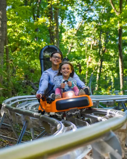 Un adulto e un bambino che scendono su un alpine coaster attraverso una zona boschiva.